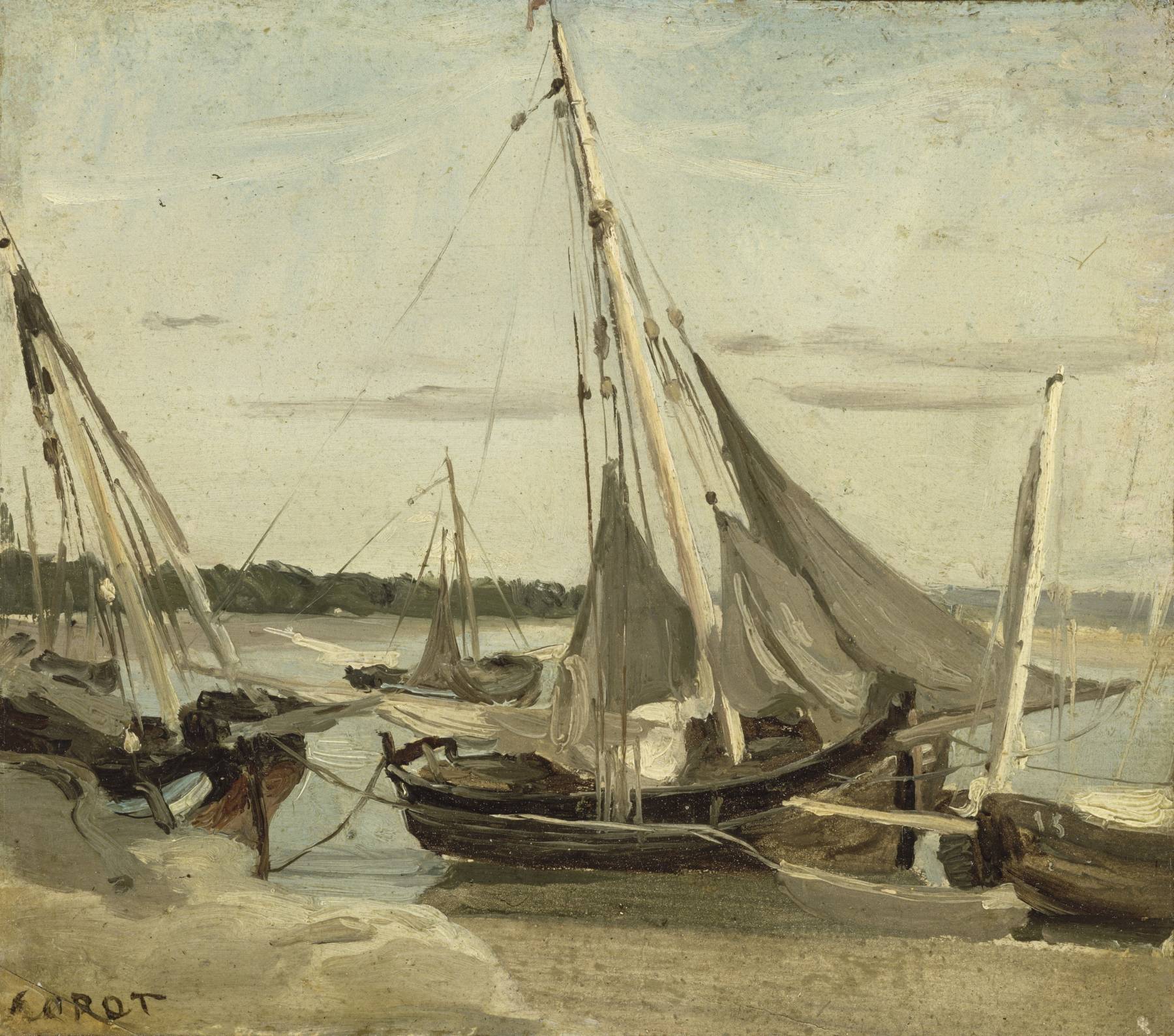 Camille Corot, Trouville, bateaux de pêche échoués dans le canal