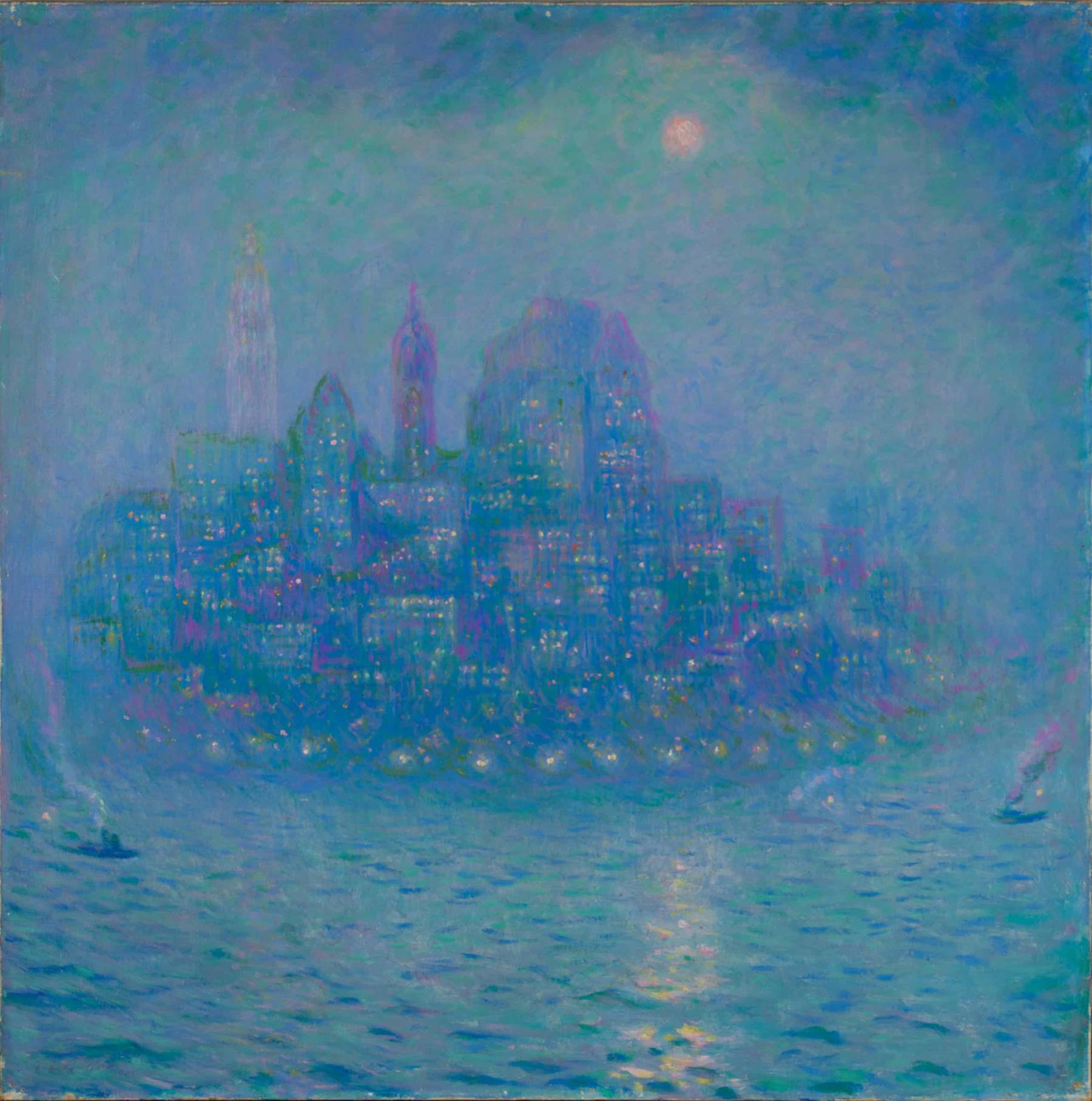 Theodore Earl Butler (1861-1936) Les Quais à New York, le soir, 1905 Huile sur toile, 81,5 x 81,5 cm Giverny, musée des impressionnismes, legs de Françoise Lemaire, 2022, MDIG 2022.2.2 © Giverny, musée des impressionnismes / photo : Jean-Charles Louiset