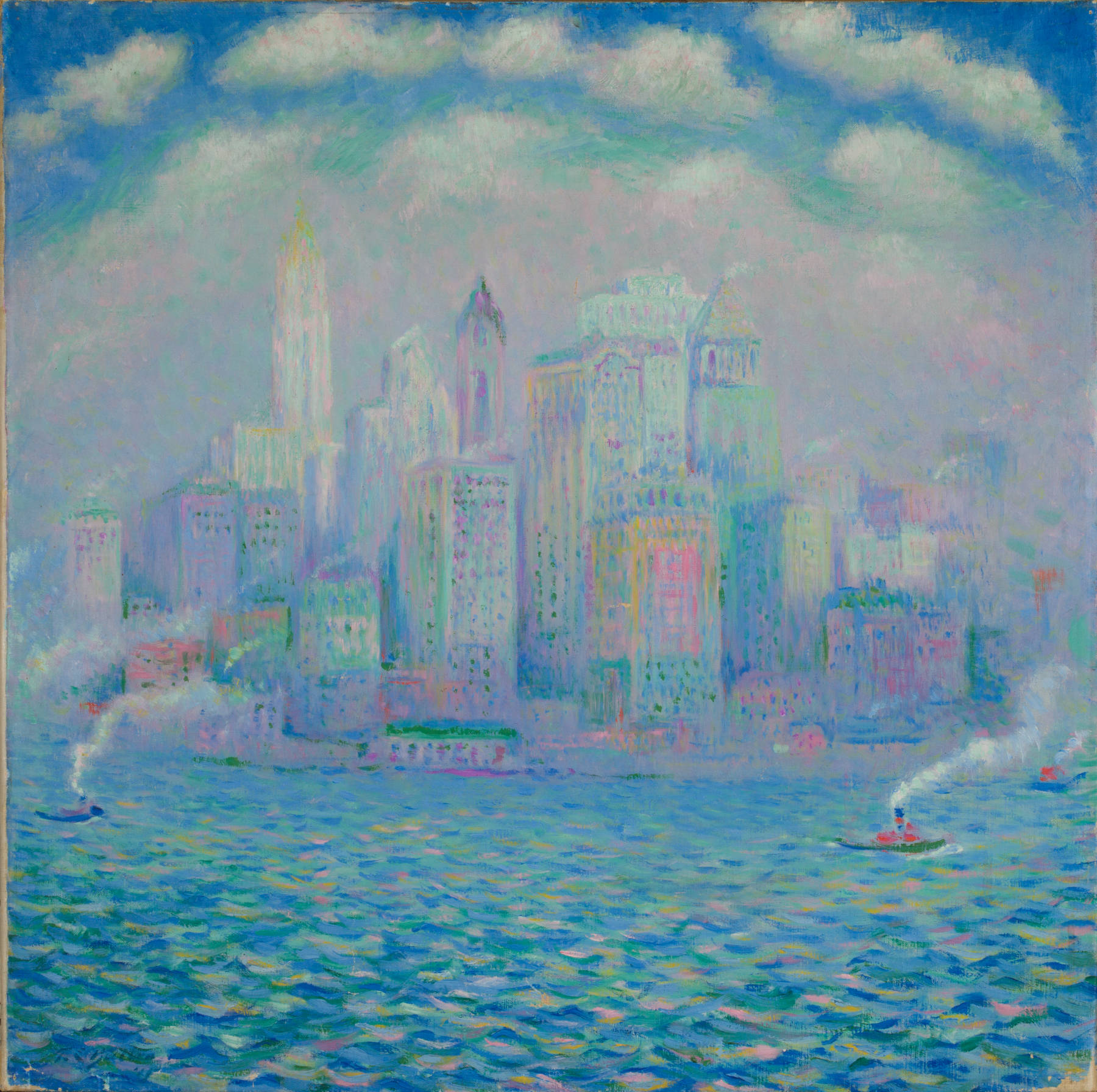 Theodore Earl Butler (1861-1936) Les Quais à New York, le jour, s.d. Huile sur toile, 81,5 x 81,5 cm Giverny, musée des impressionnismes, legs de Françoise Lemaire, 2022, MDIG 2022.2.1 © Giverny, musée des impressionnismes / photo : Jean-Charles Louiset