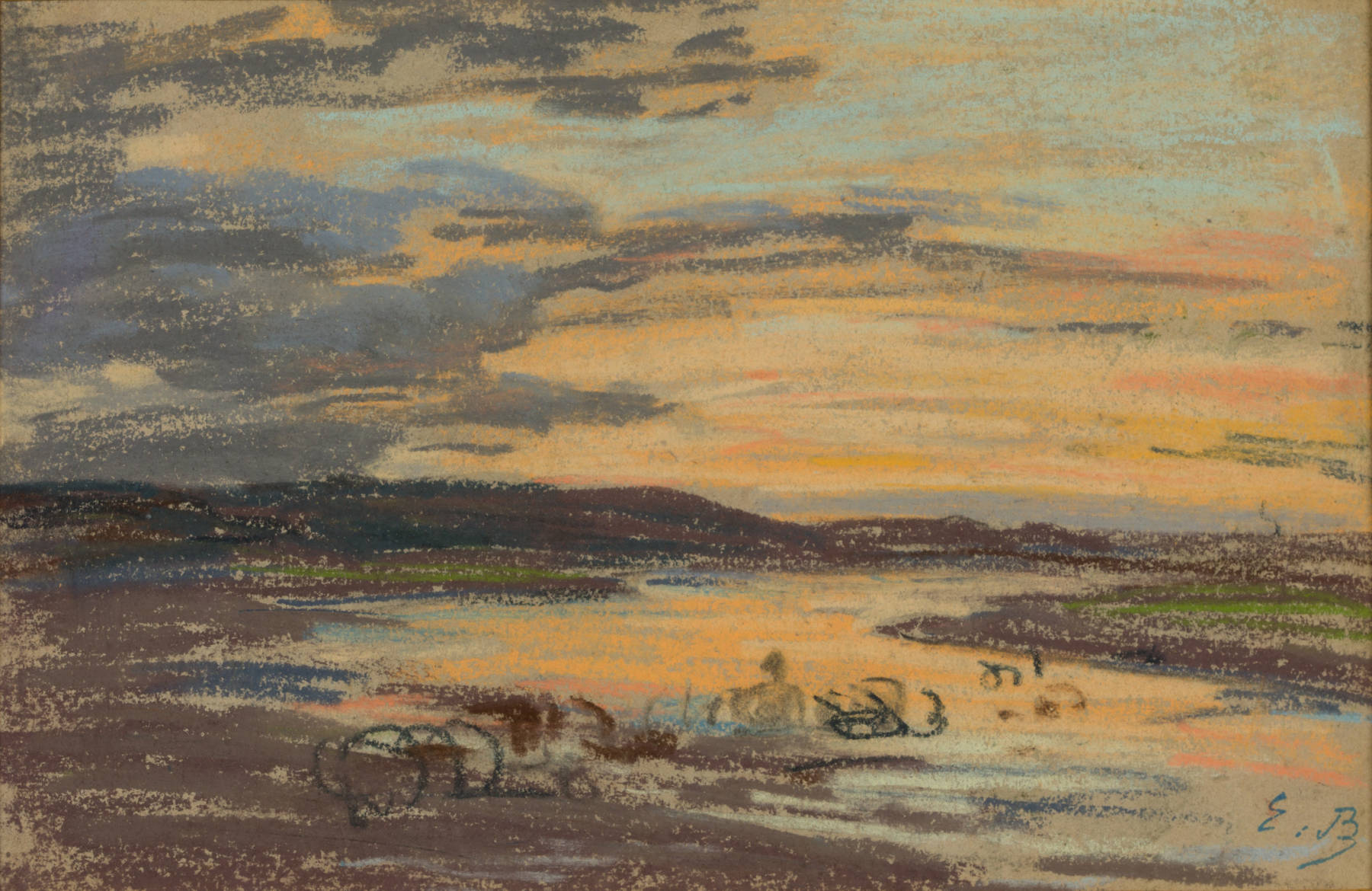 Eugène Boudin (1824-1898) Soleil couchant sur l'estuaire de la Seine vers Honfleur, s.d. Pastel sur papier, 14,5 x 21,8 cm Giverny, musée des impressionnismes, acquis grâce à la générosité de David Ummels, Guernesey, MDIG 2022.7.1 © Giverny, musée des impressionnismes / photo : Jean-Charles Louiset